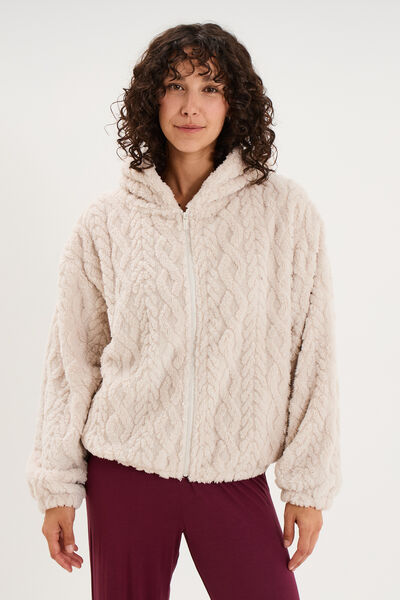 Veste fausse fourrure &agrave; capuche gris clair femme