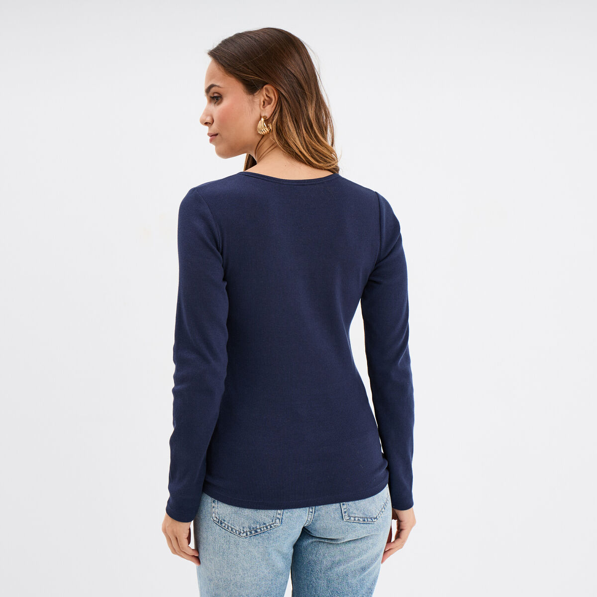 T-shirt ajusté col tunisien jersey coton bleu marine femme