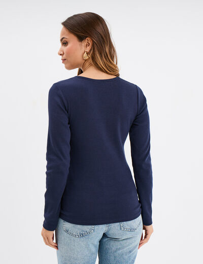 T-shirt ajusté col tunisien jersey coton bleu marine femme