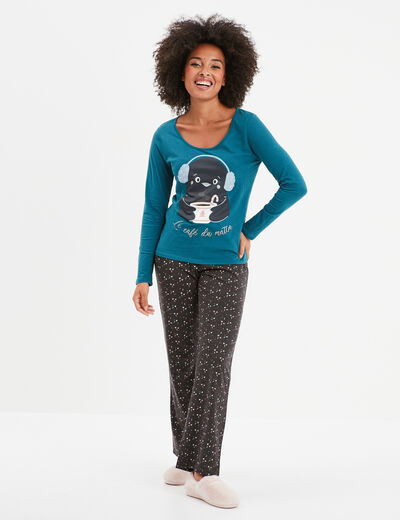 Ensemble pyjama pantalon 2 pièces coton bleu canard femme