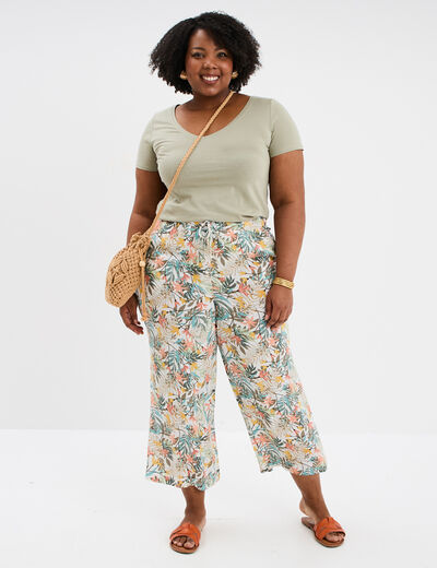 T-shirt col en V manches courtes coton vert kaki femme grande taille