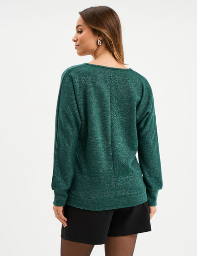Pull chauve-souris col en V détail zippé vert foncé femme