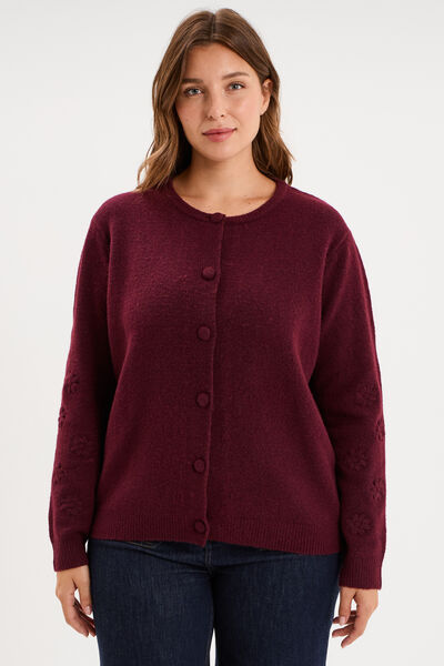 Gilet col rond manches longues boutonn&eacute; violet fonc&eacute; femme grande taille