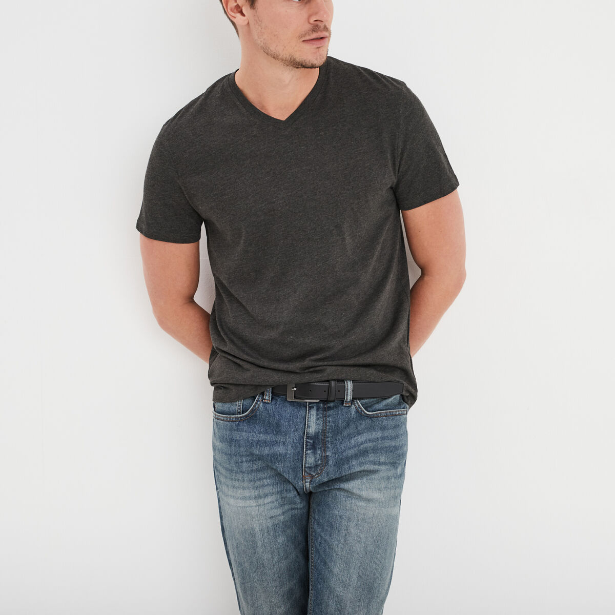 T-shirt droit col V gris foncé homme