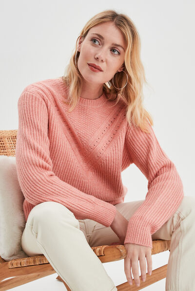 Pull col rond manches longues rose saumon femme