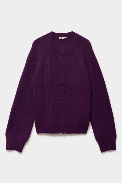 Gilet cardigan col rond boutonn&eacute; violet fonc&eacute; femme