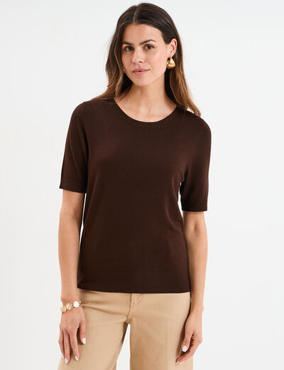 Pull manches courtes col rond marron foncé femme