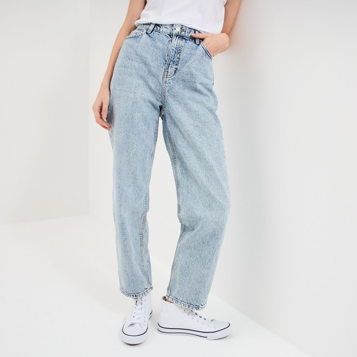 Jeans mom cropped taille haute denim bleach femme