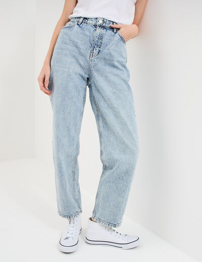 Jeans mom cropped taille haute denim bleach femme