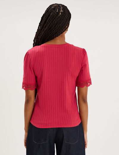 Blouse manches courtes col V dentelle rose cerise femme