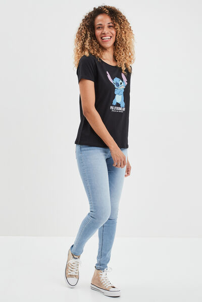 T-shirt ajusté coton Lilo et Stitch noir femme