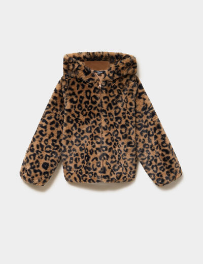 Veste fausse fourrure &agrave; capuche marron fille