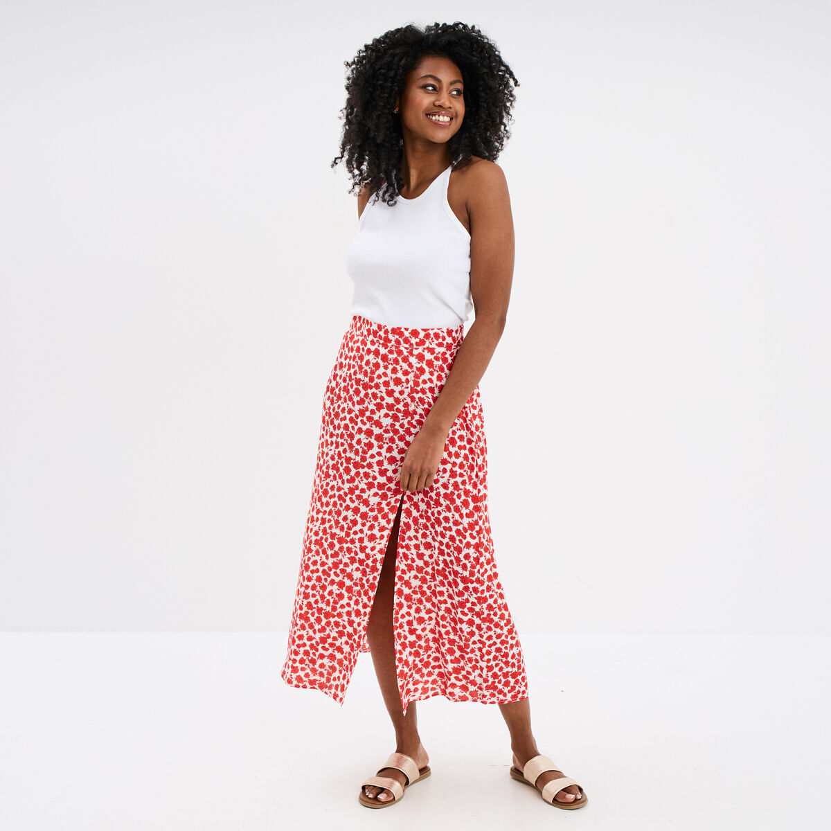 Jupe longue fendue fluide rouge femme