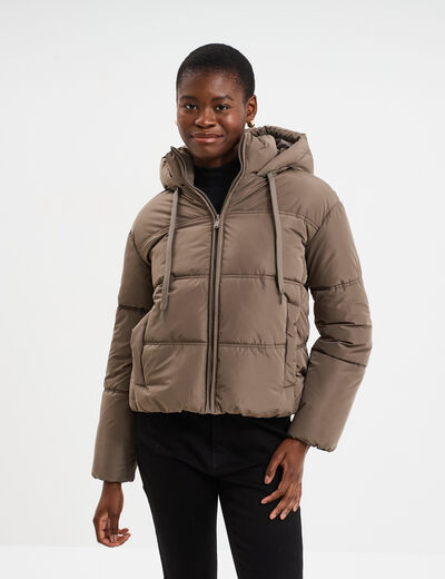 Doudoune courte droite doublée à capuche marron foncé femme