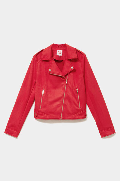 Veste biker en su&eacute;dine ajust&eacute;e rouge femme
