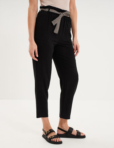 Pantalon paperbag &eacute;lastiqu&eacute; m&eacute;lange lin noir femme