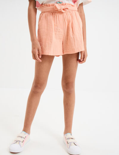 Short droit avec noeud en gaze de coton rose saumon fille