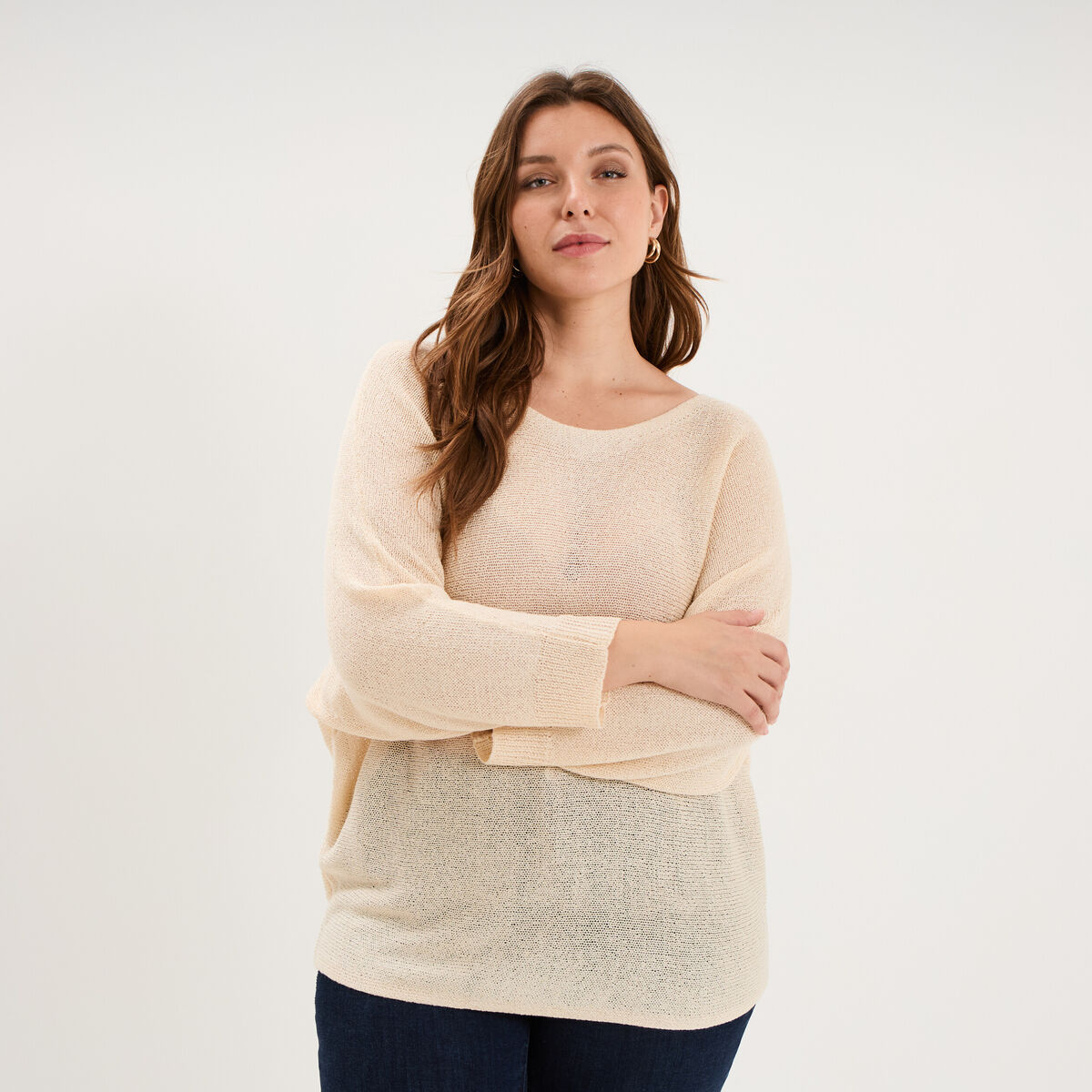 Pull manches longues col rond beige femme grande taille