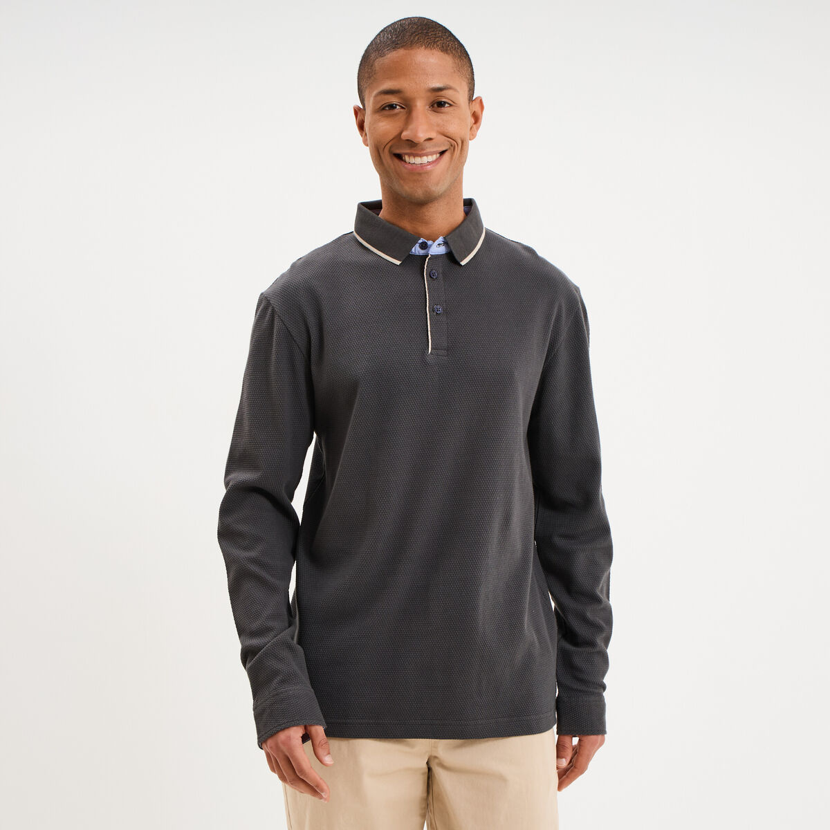 Polo piqu&eacute; droit manches longues coton gris homme
