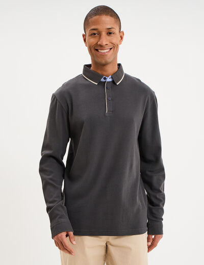 Polo piqu&eacute; droit manches longues coton gris homme