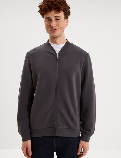 Gilet reli&eacute;f&eacute; manches longues zipp&eacute; gris fonc&eacute; homme