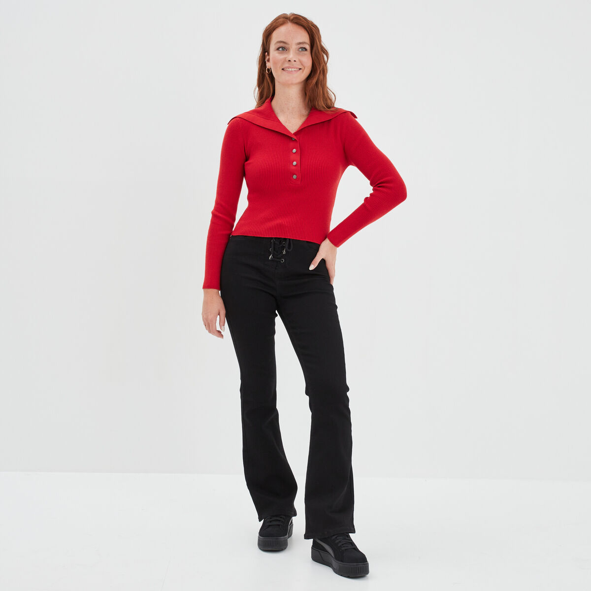 Pull col camionneur boutonné Liberto rouge foncé femme