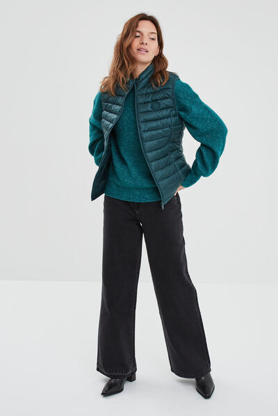 Pull col rond manches ballons bleu canard femme