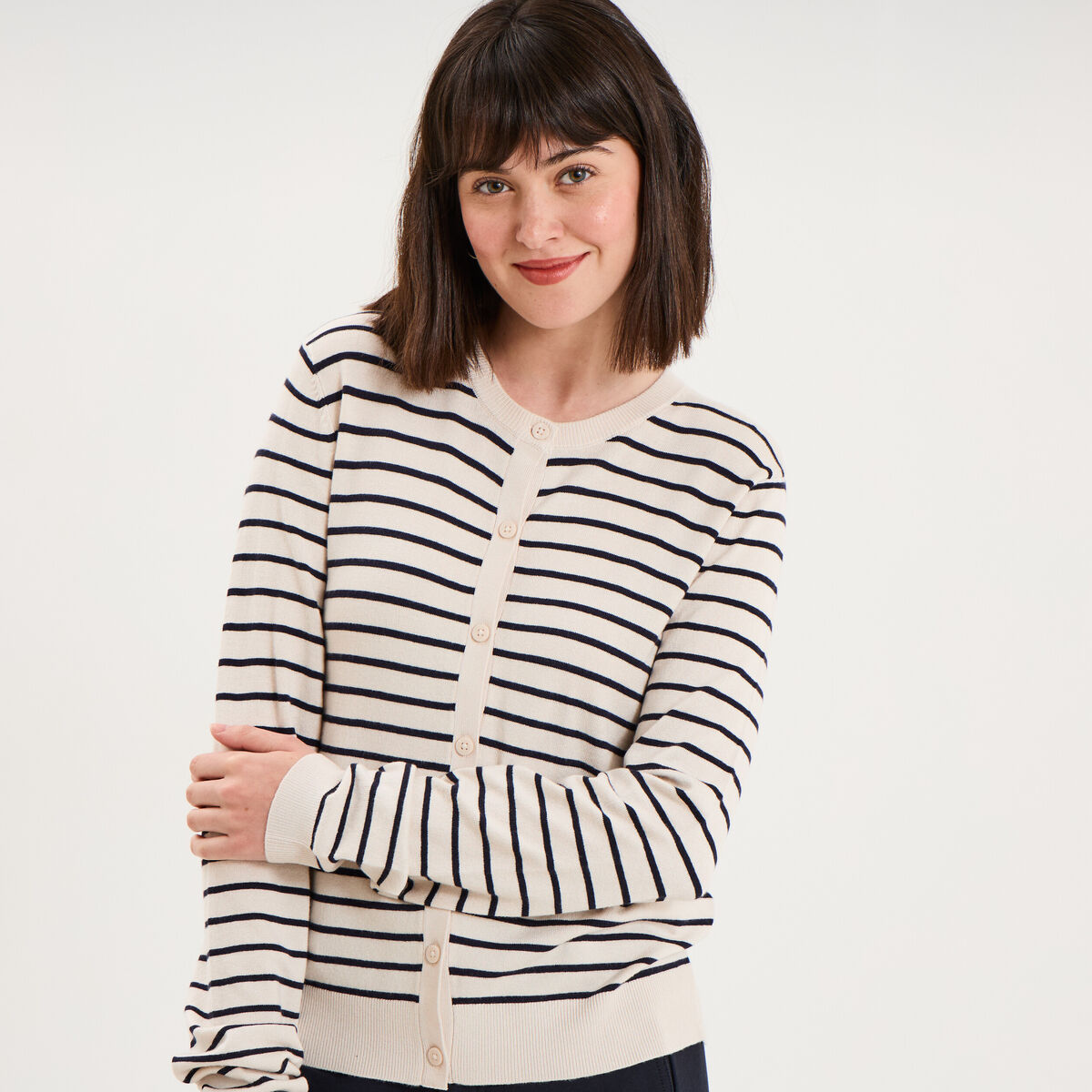 Gilet col rond manches longues sable femme