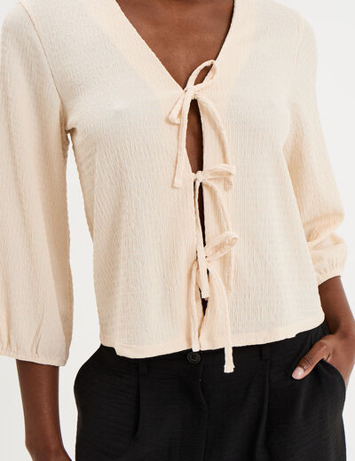Blouse nou&eacute;e devant manches 3/4 sable femme