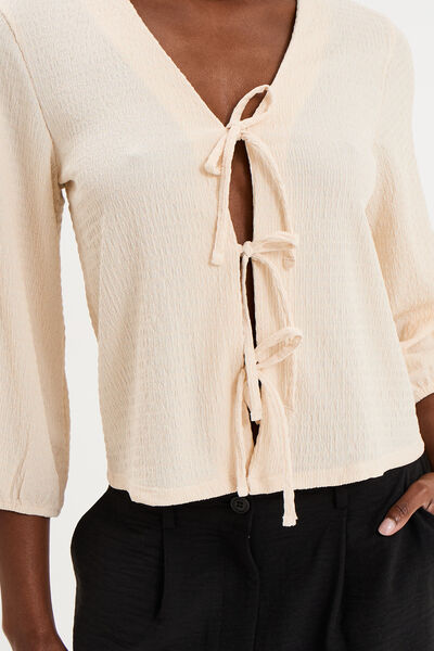 Blouse nou&eacute;e devant manches 3/4 sable femme