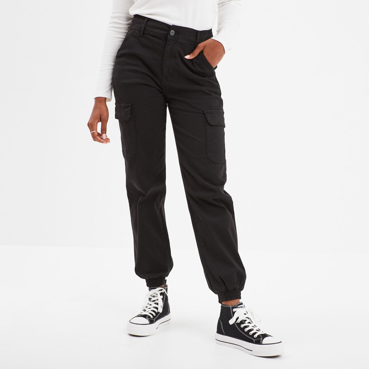 Pantalon cargo taille haute ajustable noir femme
