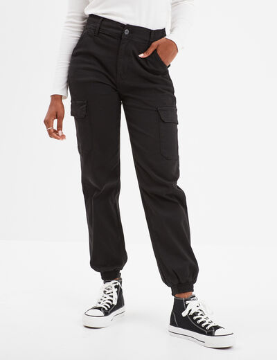 Pantalon cargo taille haute ajustable noir femme