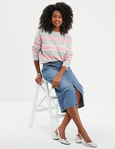 Pull col rond manches longues gris clair femme