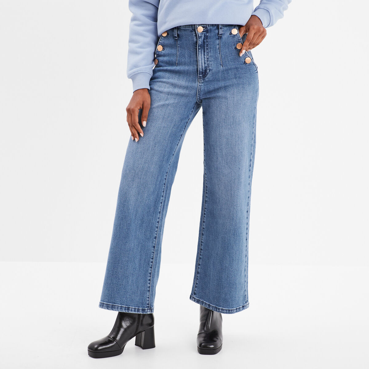 Jeans flare 7/8ème taille haute coton denim triple stone femme