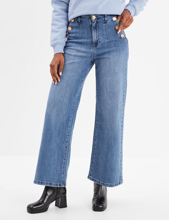 Jeans flare 7/8ème taille haute coton denim triple stone femme