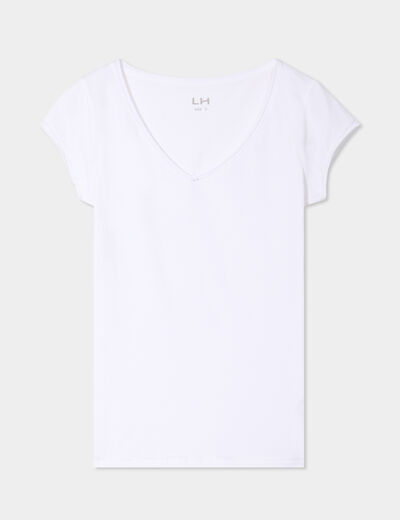 T-shirt col V ajusté manches courtes blanc femme