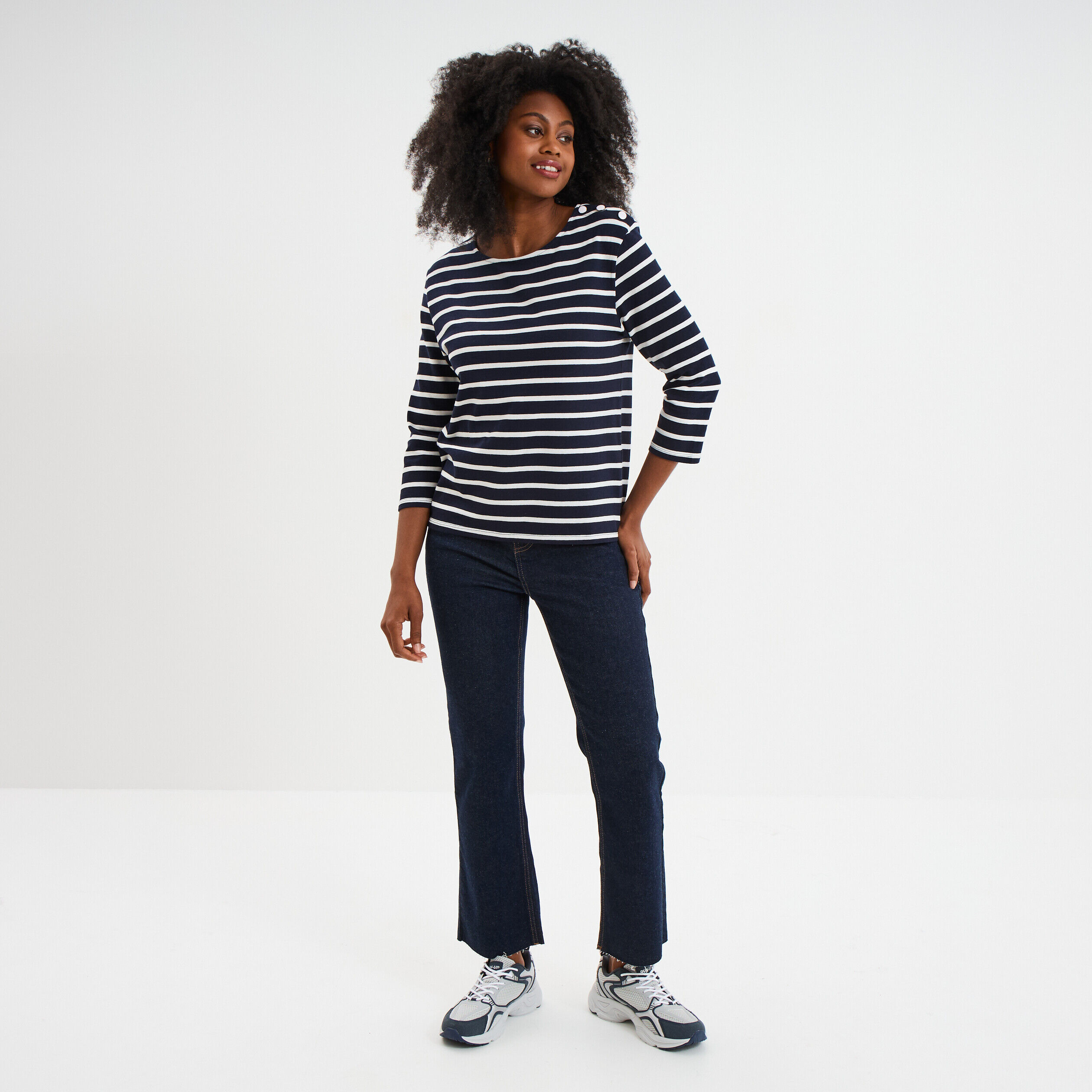 T-shirt manches 3/4 avec boutons coton ecru femme LH