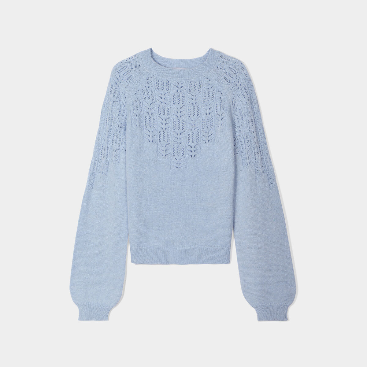 Pull manches ballons détails ajourés bleu pastel femme