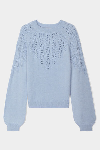 Pull manches ballons détails ajourés bleu pastel femme