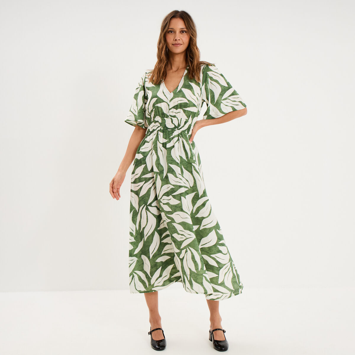 Robe longue col V taille &eacute;lastiqu&eacute;e vert kaki femme