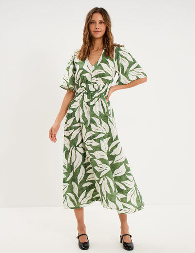 Robe longue col V taille &eacute;lastiqu&eacute;e vert kaki femme