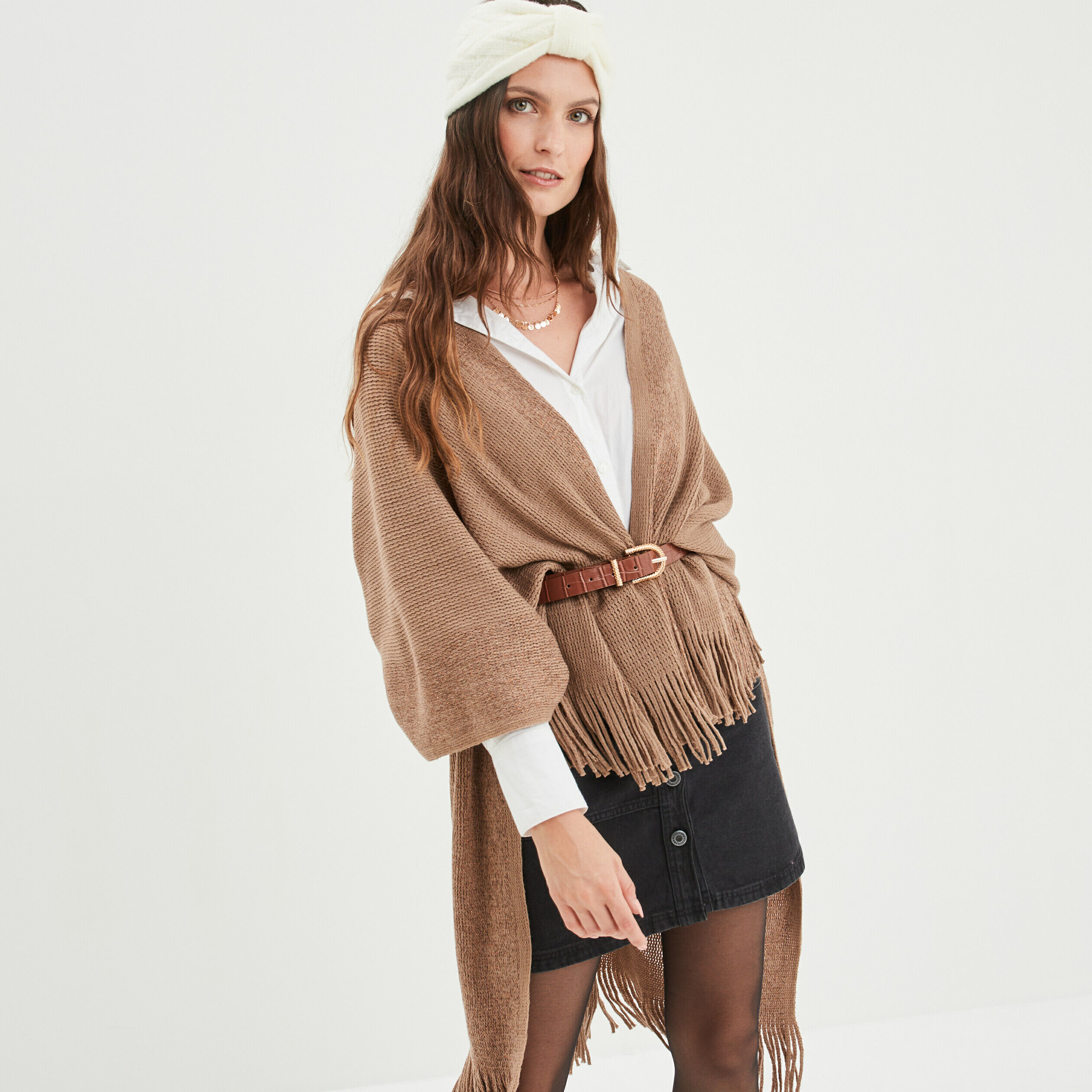 Poncho avec bandes métallisées taupe femme LH