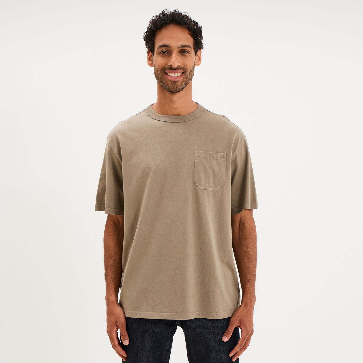 T-shirt droit col rond 1 poche coton vert kaki homme