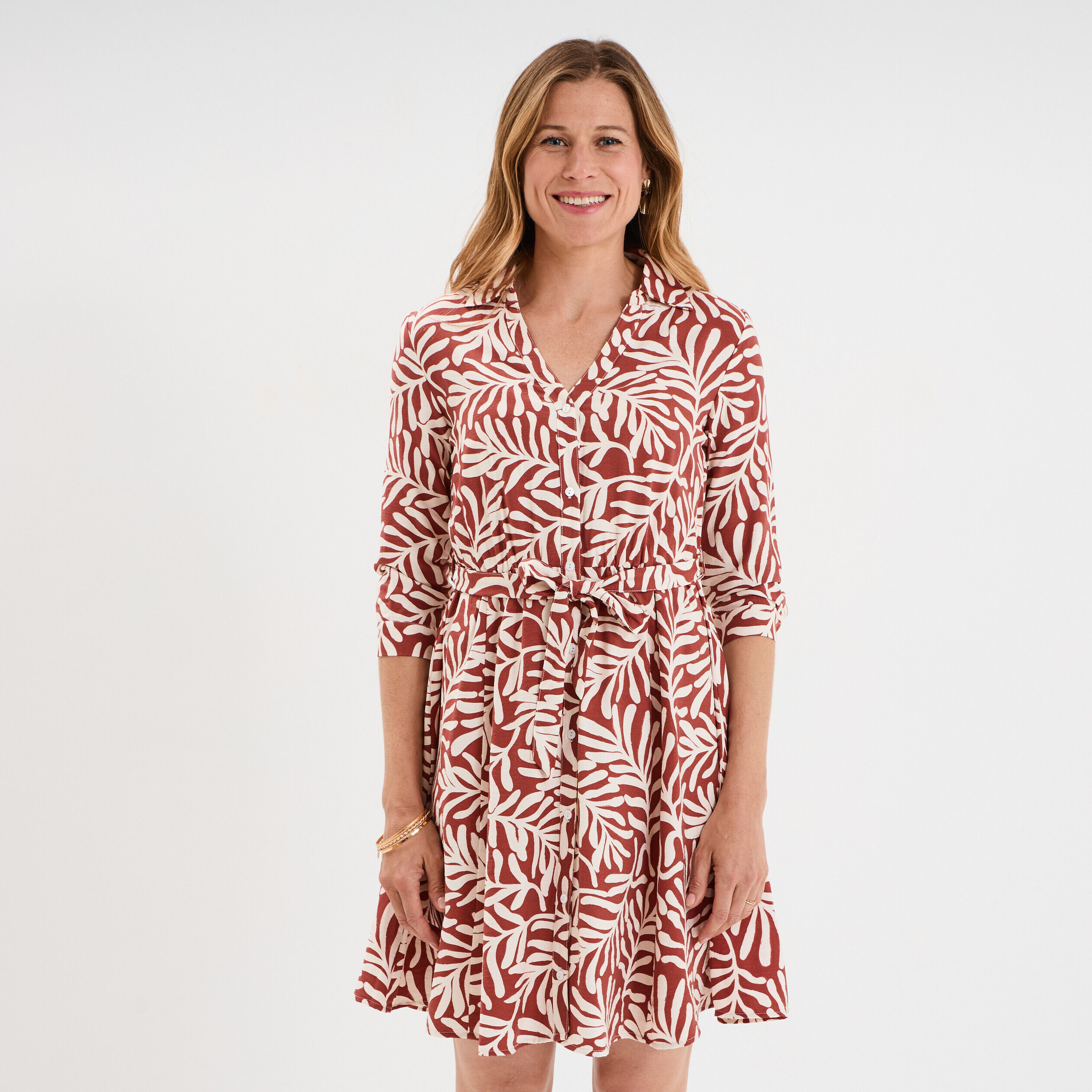 Robe col chemise ceinturée manches 3/4 terracotta femme LH