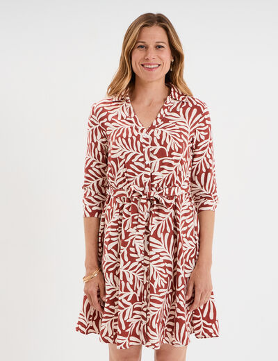 Robe col chemise ceinturée manches 3/4 terracotta femme