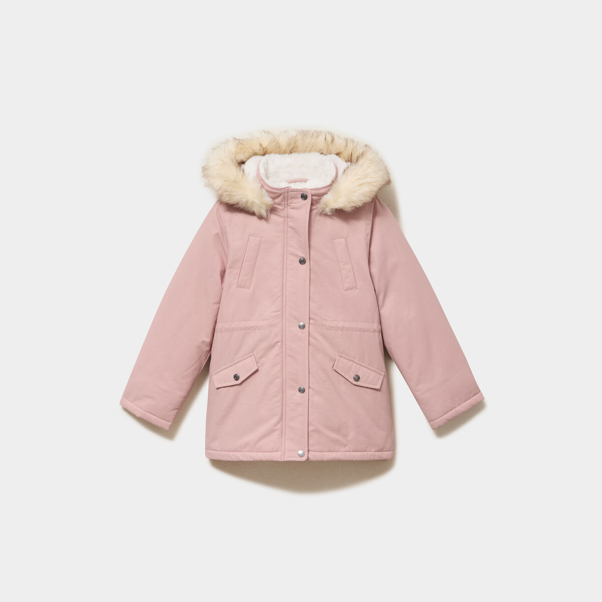 Parka &agrave; capuche fausse fourrure rose poudr&eacute;e fille
