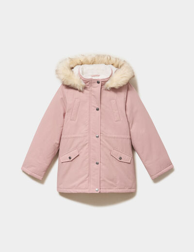 Parka &agrave; capuche fausse fourrure rose poudr&eacute;e fille