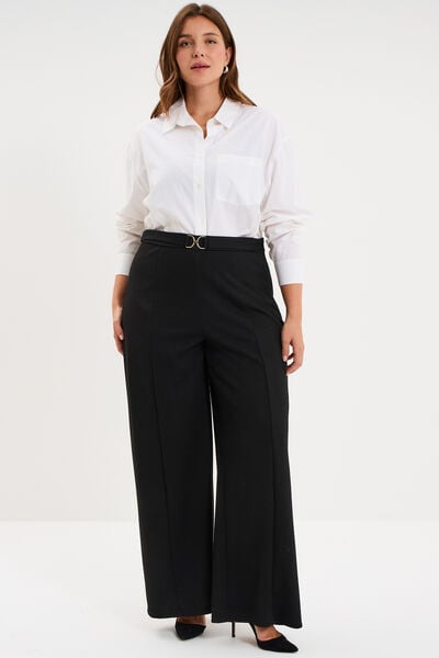 Pantalon city taille haute large boucle noir femme grande taille