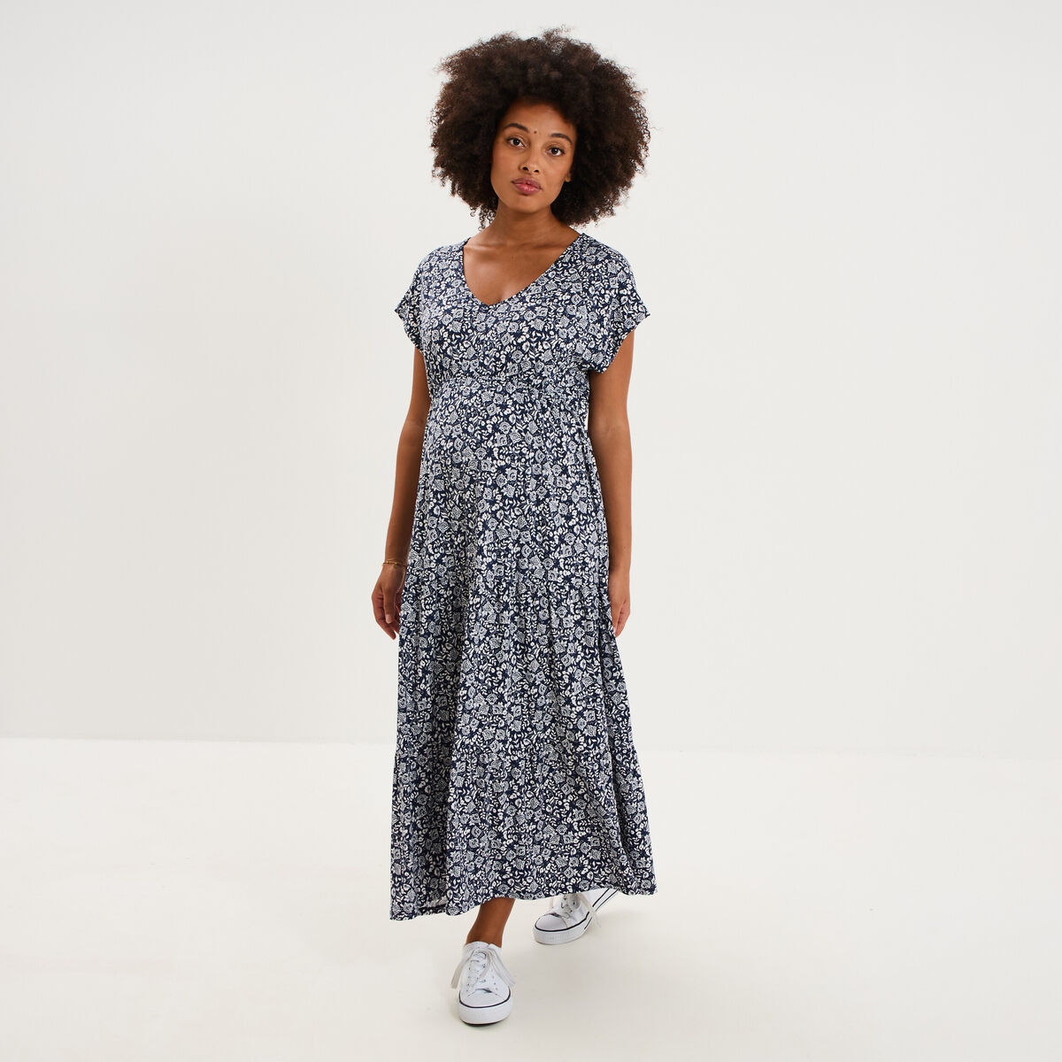 Robe longue col en V grossesse bleu marine femme maternit&eacute;
