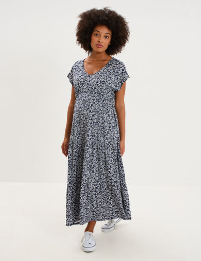 Robe longue col en V grossesse bleu marine femme maternit&eacute;